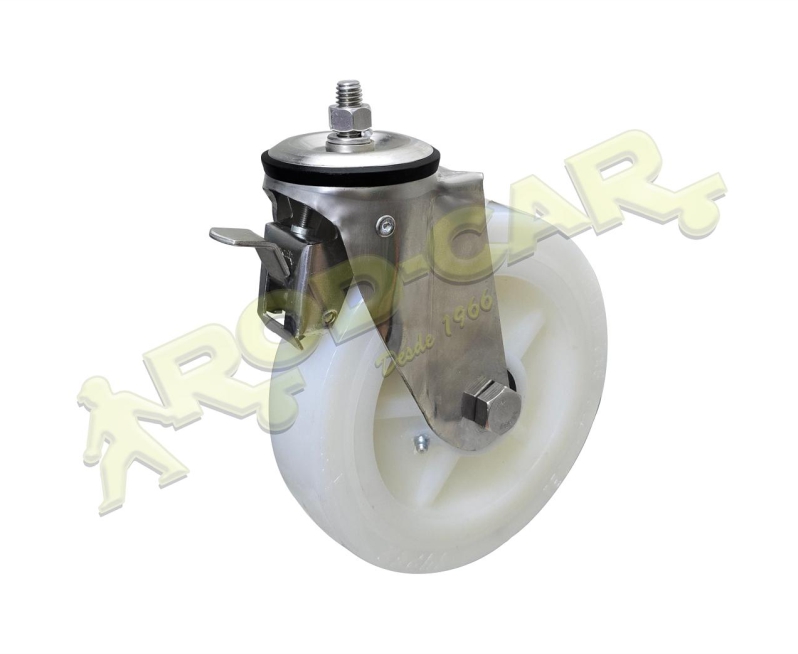 Rodízio Giratório GIRRXOA 82 NNN com Freio OA, Roda de Nylon e Estrutura em Aço Inox AISI 304 – Linha Intermediária