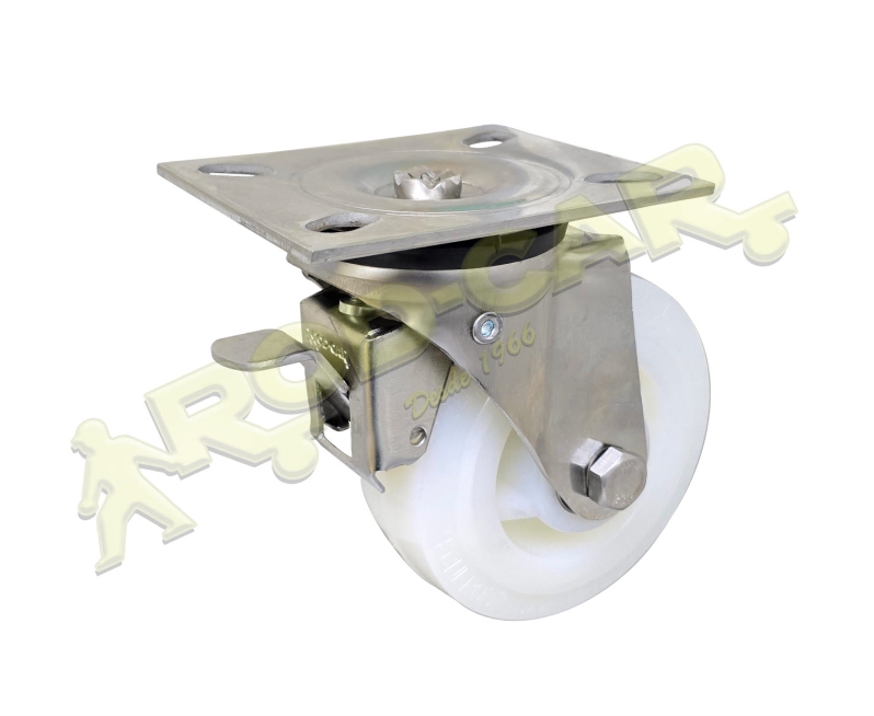 Rodízio Giratório GIRXOA 52 NNK com Freio OA, Roda de Nylon e Placa de Fixação – Aço Inox AISI 304