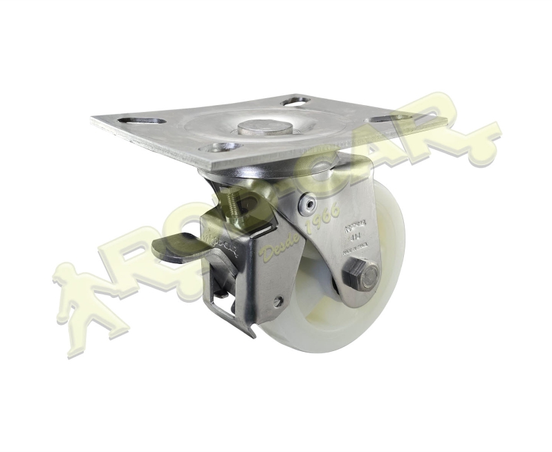 Rodízio Giratório GIRXOA 414 NNZLX com Freio OA, Roda de Nylon e Rolamento de Roletes – Aço Inox AISI 304